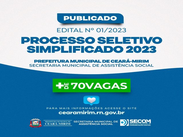 Prefeitura de Cear-Mirim abre seletivo simplificado da Secretaria Municipal de Assistncia Social com mais de setenta vagas