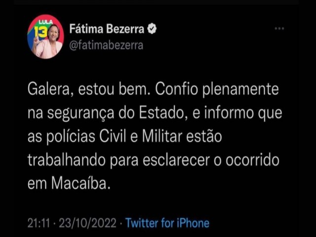 CAMPANHA DE LULA CONFIRMA TIROS EM EVENTO COM FTIMA BEZERRA; POLCIA PROCURA SUSPEITO