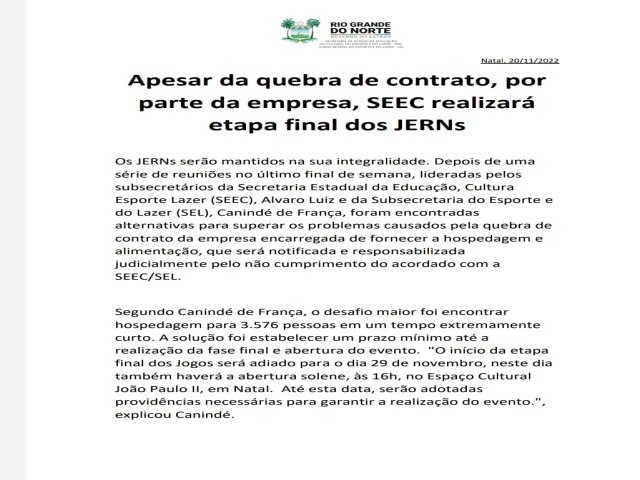 Apesar da quebra de contrato, por parte da empresa, SEEC realizar etapa final do JERNs