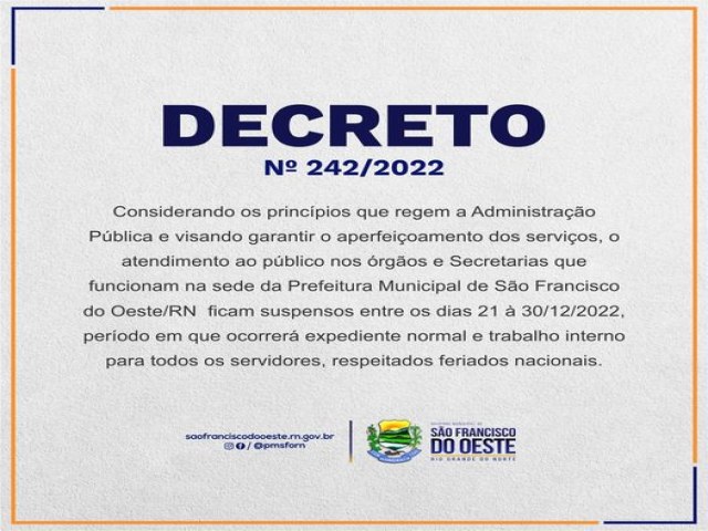 SO FRANCISCO DO OESTE/RN: DECRETO MUNICIPAL  N 242/2022