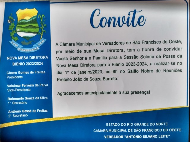 SO FRANCISCO DO OESTE/RN: CMARA DE VEREADORES - Convite Posse da Nova Mesa Diretora -  Binio 2023-2024
