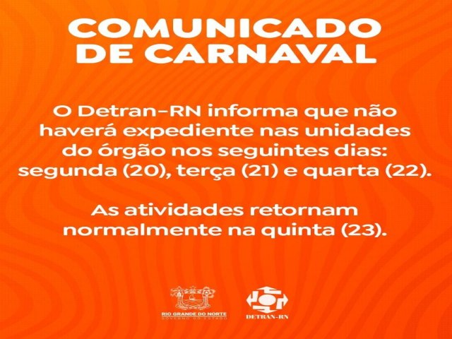 Nota: Funcionamento do Detran no perodo de Carnaval