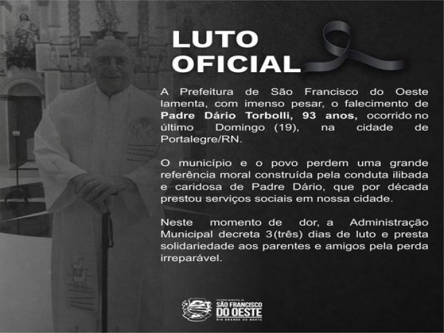 SO FRANCISCO DO OSTE/RN: prefeitura emite nota de pesar pelo falecimento de Padre Drio Torbolli
