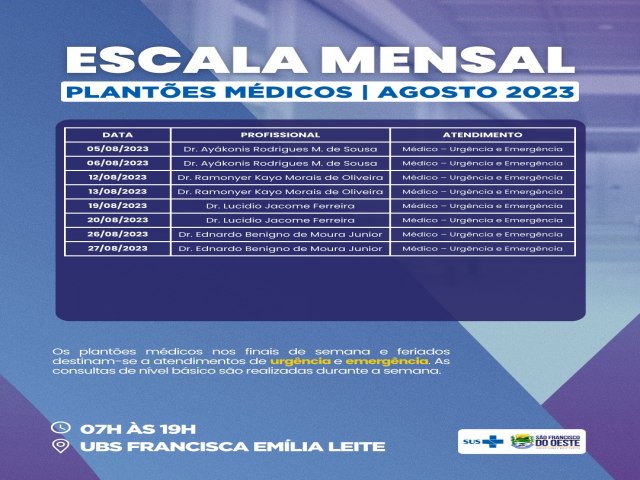 SO FRANCISCO DO OESTE/RN: escala mensal - plantes mdicos - agosto/2023