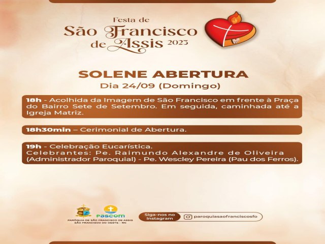 SO FRANCISCO DO OESTE/RN: solene abertura 24/09/2023 (domingo) festa do Padroeiro So Francisco de Assis