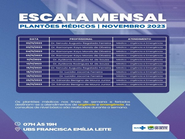 SO FRANCISCO DO OESTE/RN: cronograma de plantes mdicos para o ms de novembro de 2023, aos finais de semana e feriados
