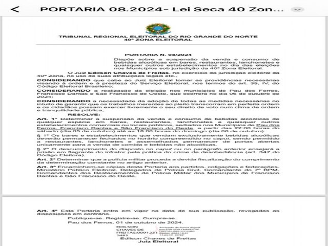 Portaria suspende a venda e consumo de bebidas alcolicas em So Francisco do Oeste, Francisco Dantas e Pau dos Ferros, no dia das eleies 2024