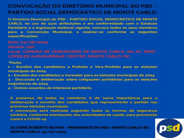 EDITAL DE CONVOCAO DO DIRETRIO PSD - MONTE CARLO