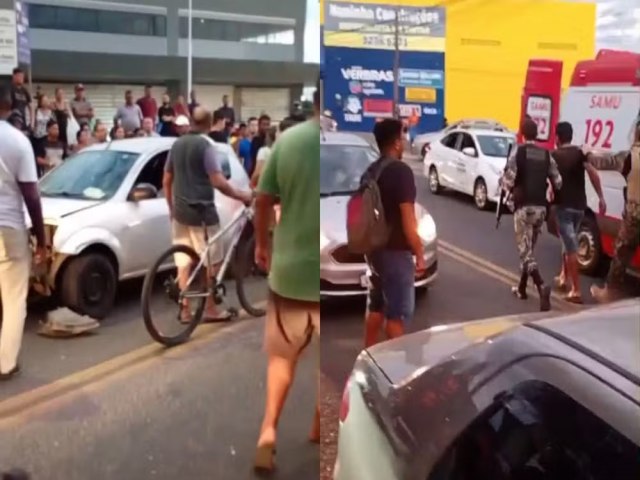 Pai e filho s�o atingidos por ve�culo na Avenida Joaquim Nelson; condutor � atacado por pessoas que passavam.