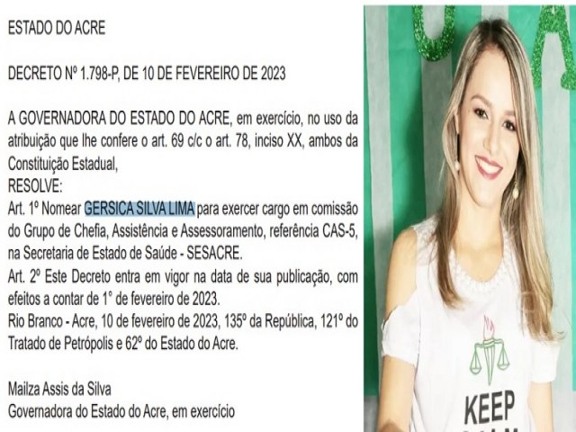 Filha do prefeito de Mncio Lima, nomeada com salrio de R$ 5.600,00 ainda no se apresentou ao trabalho