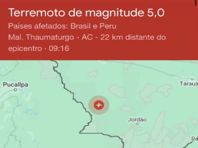 Terremoto de magnitude 5,0 atinge Brasil e Peru: Cruzeiro do Sul e Marechal Thaumaturgo