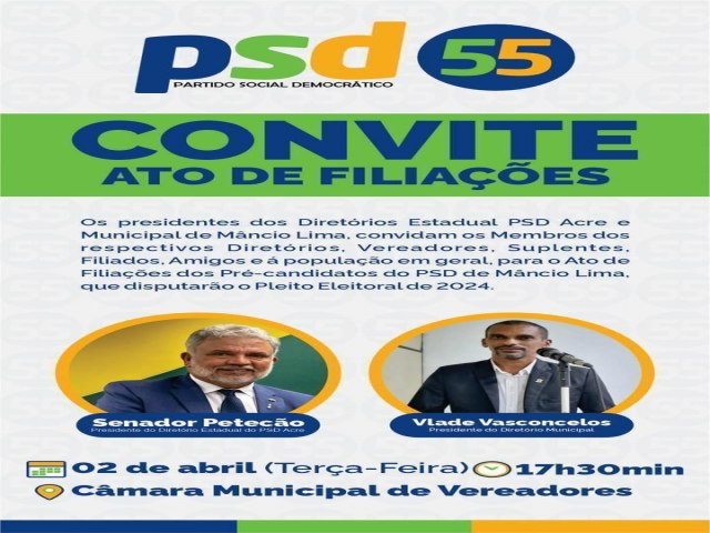 Senador Peteco chega a Mncio Lima nesta tera-feira para o ato de filiao do PSD.