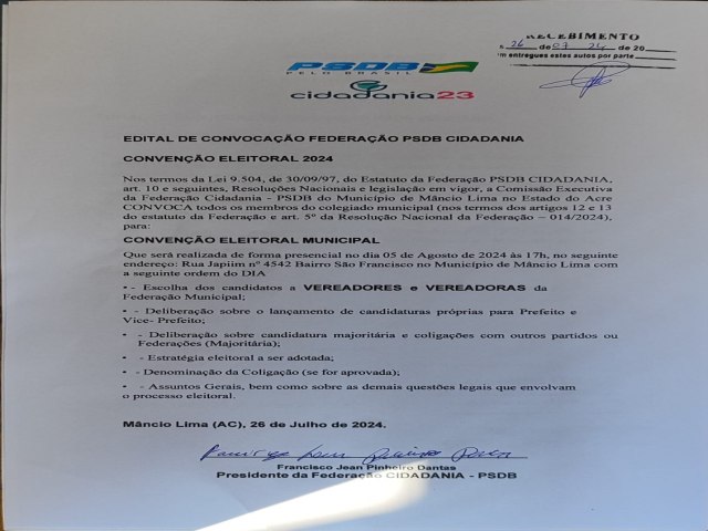 Federao composta pelo PSDB e Cidadania marca conveno partidria para o dia 5 de agosto em Mncio Lima