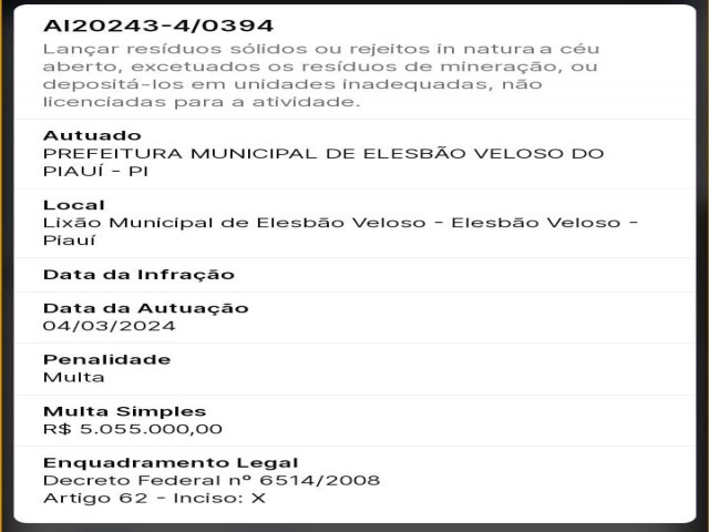 Prefeitura de Elesbo Veloso  Multada em Mais de 5 Milhes por M Gesto do Lixo Municipal