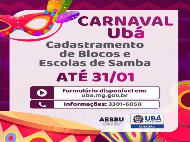 Prefeitura abre cadastro de Blocos e Escolas de Samba para o Carnaval de Ub