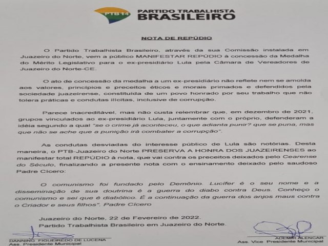 PTB lançou Nota de Repúdio à entrega de Medalha de Mérito ao ex-presidente Lula
