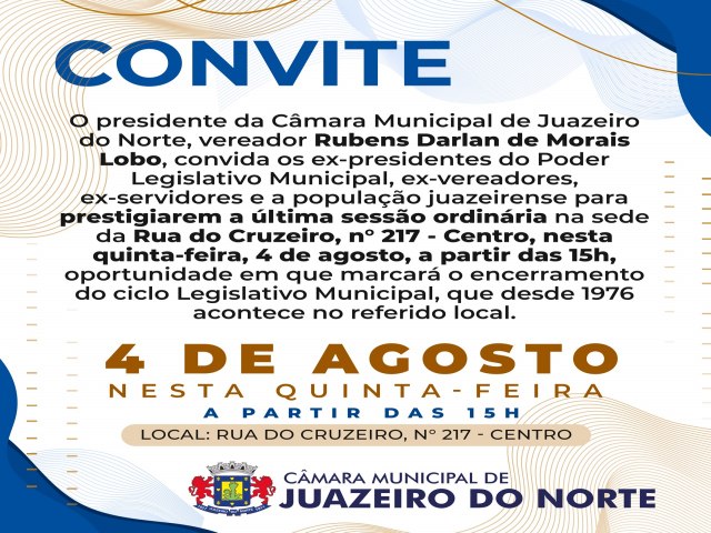 Presidente Darlan Lobo convida para a última sessão legislativa na sede da Rua do Cruzeiro