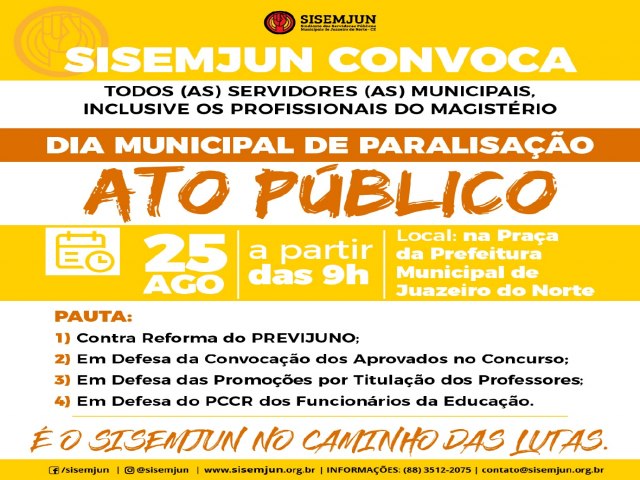 Sindicato convoca servidores públicos municipais de Juazeiro do Norte/CE para ato público contra a política do governo Glêdson Bezerra (PODE)