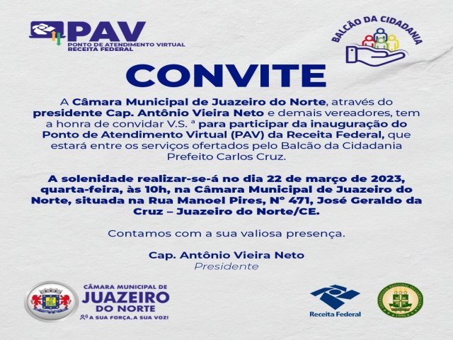 CONVITE - Inauguração do Ponto de Atendimento Virtual (PAV) da Receita Federal - Balcão da Cidadania Prefeito Carlos Cruz