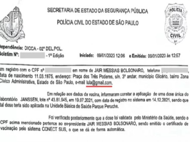 BOMBA: Registro falso de vacinação de Bolsonaro em SP usa email com nome de Lula; VEJA DOCUMENTO acima