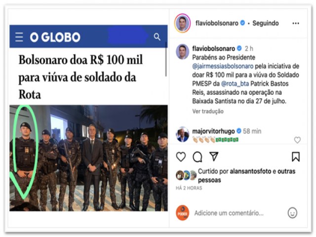 Bolsonaro faz Pix de R$ 100 mil  viva de PM morto no Guaruj