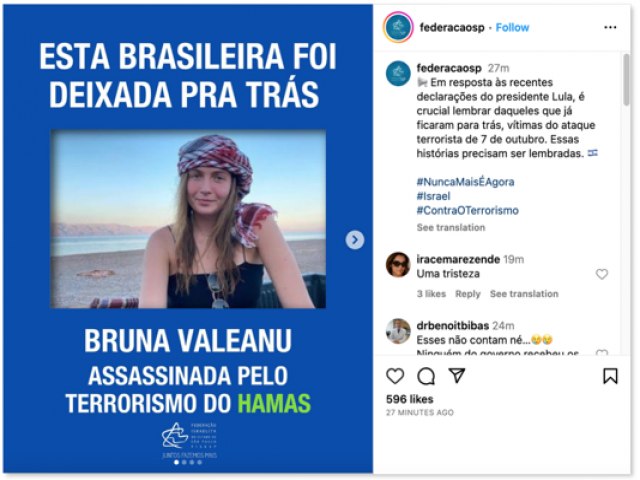 Em resposta a Lula, grupo israelita posta foto de vitimas do Hamas