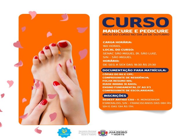 JUAZEIRO DO NORTE/CE: SEDEST OFERECE CURSO GRATUITO DE MANICURE E PEDICURE