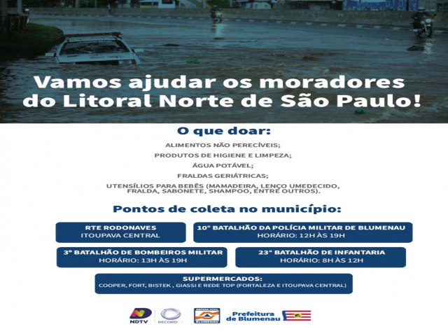 Blumenau arrecada donativos para cidades atingidas pelas chuvas no litoral de So Paulo