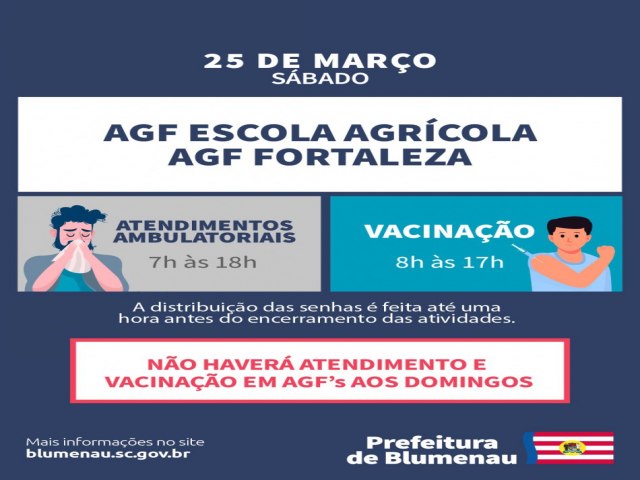 Atendimento ambulatorial deste sbado, dia 25, segue concentrado nos AGFs Escola Agrcola e Fortaleza