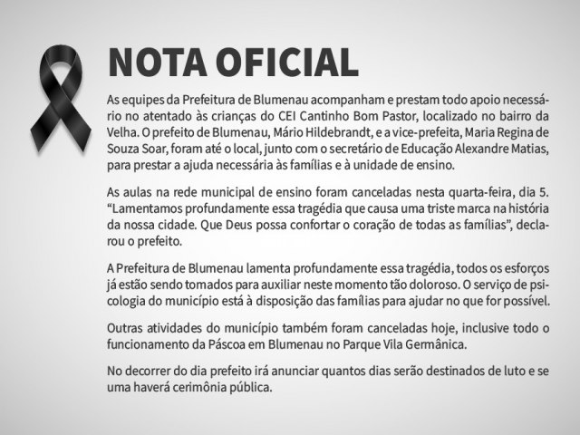 Prefeitura de Blumenau decreta 30 dias de luto oficial por tragdia no CEI Cantinho Bom Pastor