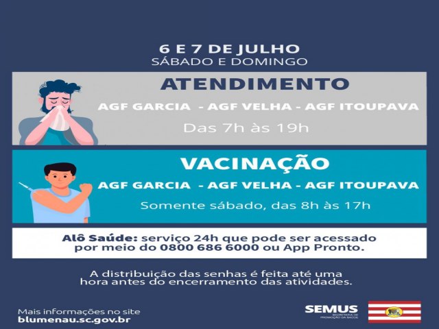 Atendimento ambulatorial do fim de semana segue nos AGFs Garcia, Velha e Itoupava