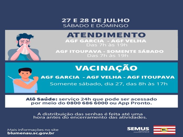 Atendimento ambulatorial do fim de semana segue nos AGFs Garcia e Velha