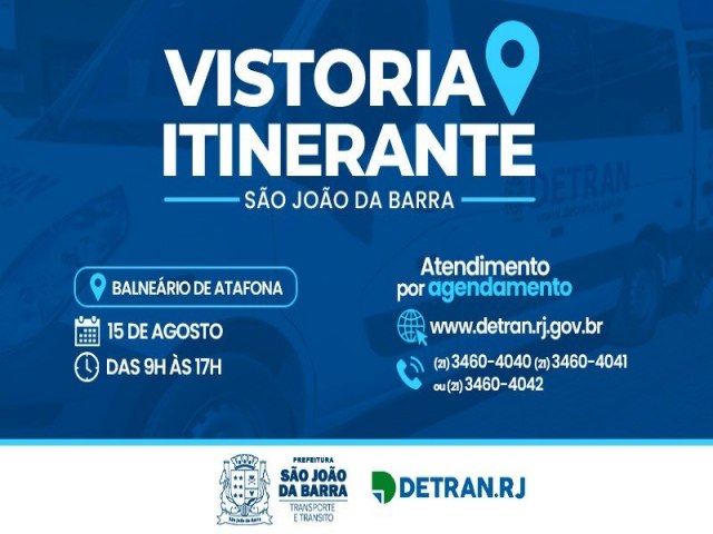 Detran faz vistoria itinerante no próximo dia 15 em São João da Barra
