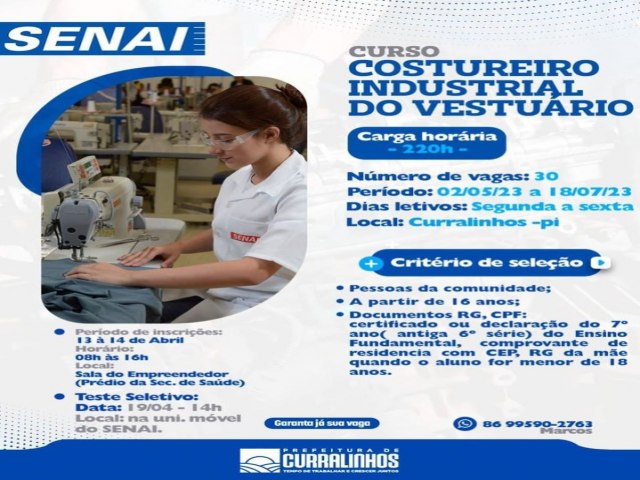 CURRALINHOS/PI: Prefeitura de Curralinhos abre inscrio para o curso de Costureiro Industrial