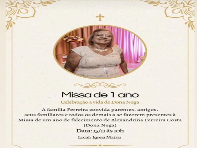 Reverência e memória: Missa de 1 ano em homenagem a Dona Negra, mãe do Coronel Marcos Costa em Parnamirim 