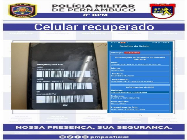 Polícia Militar recupera dois celulares roubados em menos de 24 horas no bairro Santa Margarida em Salgueiro.