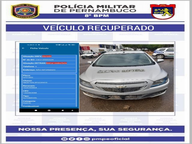 Veículo roubado em Petrolina é recuperado pela polícia militar em Salgueiro, suspeito foge ao notar presença policial.