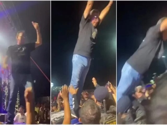 Prefeito se joga na plateia e cai no cho durante show no Cear