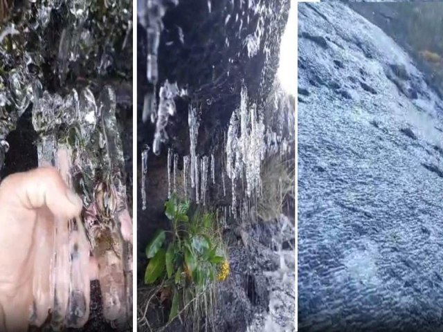Capara-MG: Pico da Bandeira teve cachoeira, poas dgua e vegetao congeladas por conta do frio