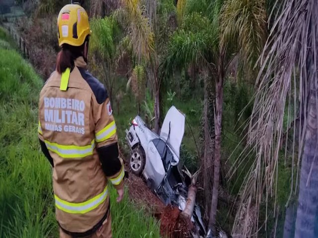 Carro fica destrudo aps bater em rvore na MG-133; duas pessoas ficaram feridas